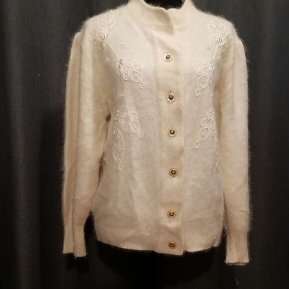 B.J.Kristen Womens Medium 80s Electric  Angora Wool Vintage Cardigan Sweater L - Picture 5 of 15